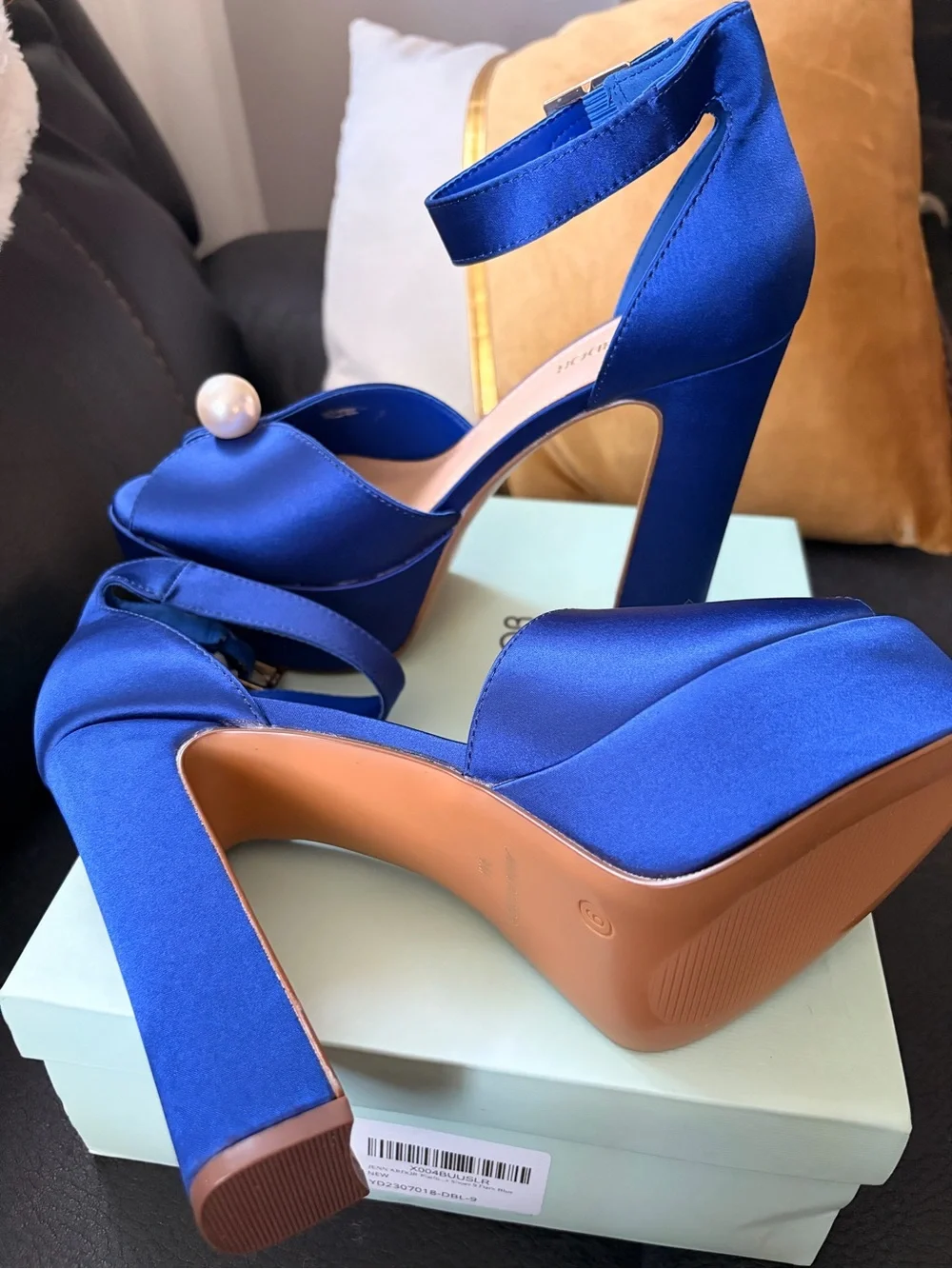 Satin Royal Blue Platform Sandals with Pearl Accent
